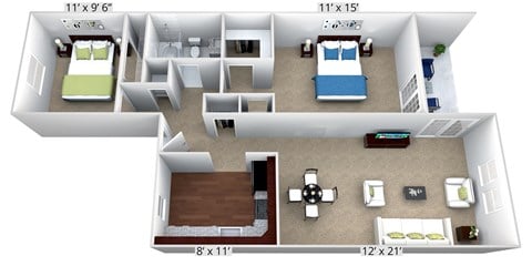 Floor plan for 2 beds, 1 bath, 873 sqft